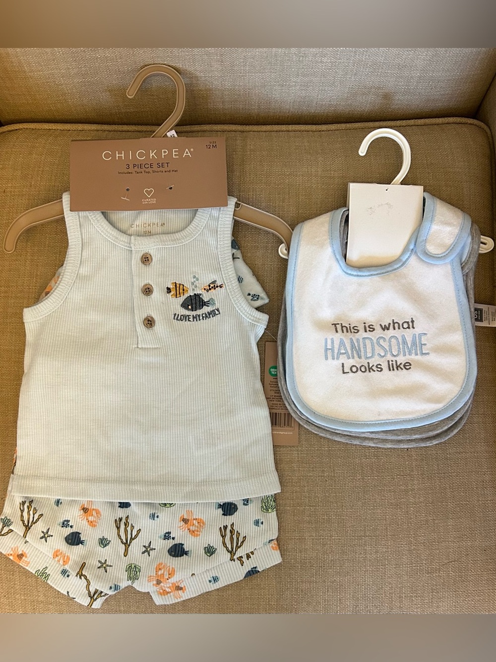 Chickpea Baby 12M Light Blue Tank Shorts Hat 3-Piece Set & Carter Bibs